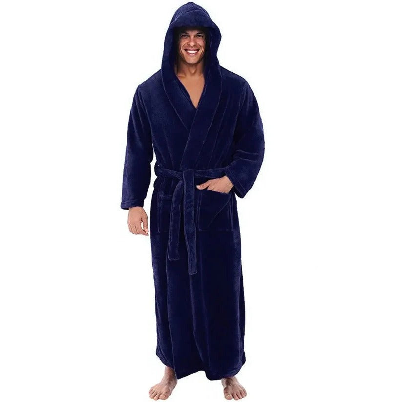 Langärmliger Fleece-Bademantel für Herren mit Kapuze und kuscheligen Taschen