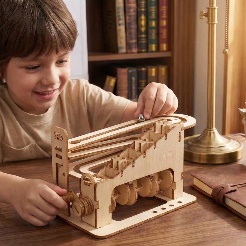 Mechanisches Marmorbahn-Bauset aus Holz für Erwachsene – Kreativer Spaß