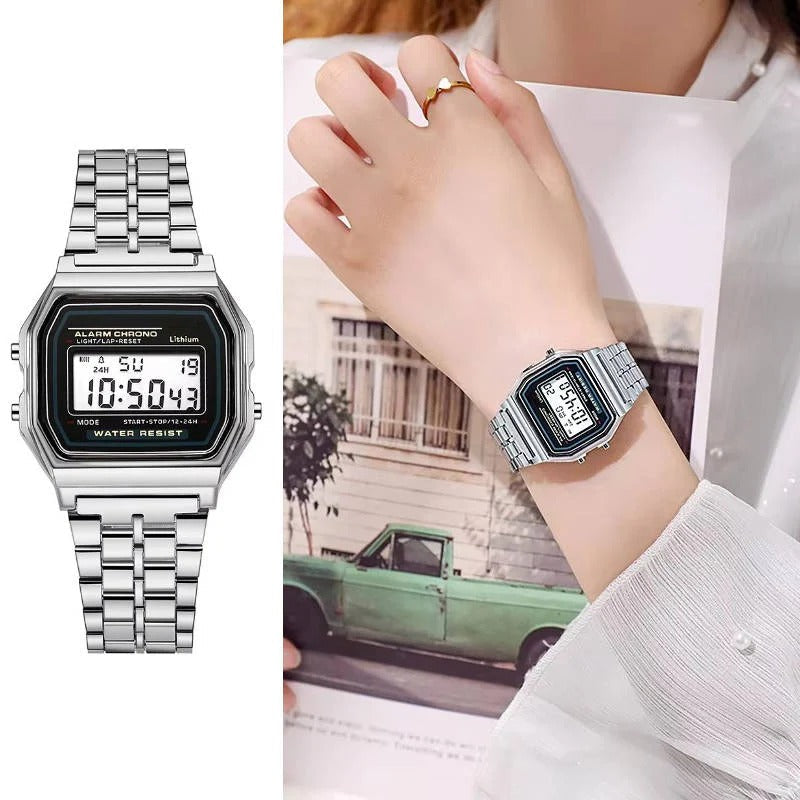 Klassische Unisex Digitale Uhr mit Edelstahlarmband und LED-Anzeige