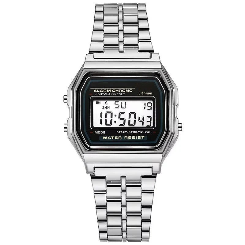Klassische Unisex Digitale Uhr mit Edelstahlarmband und LED-Anzeige