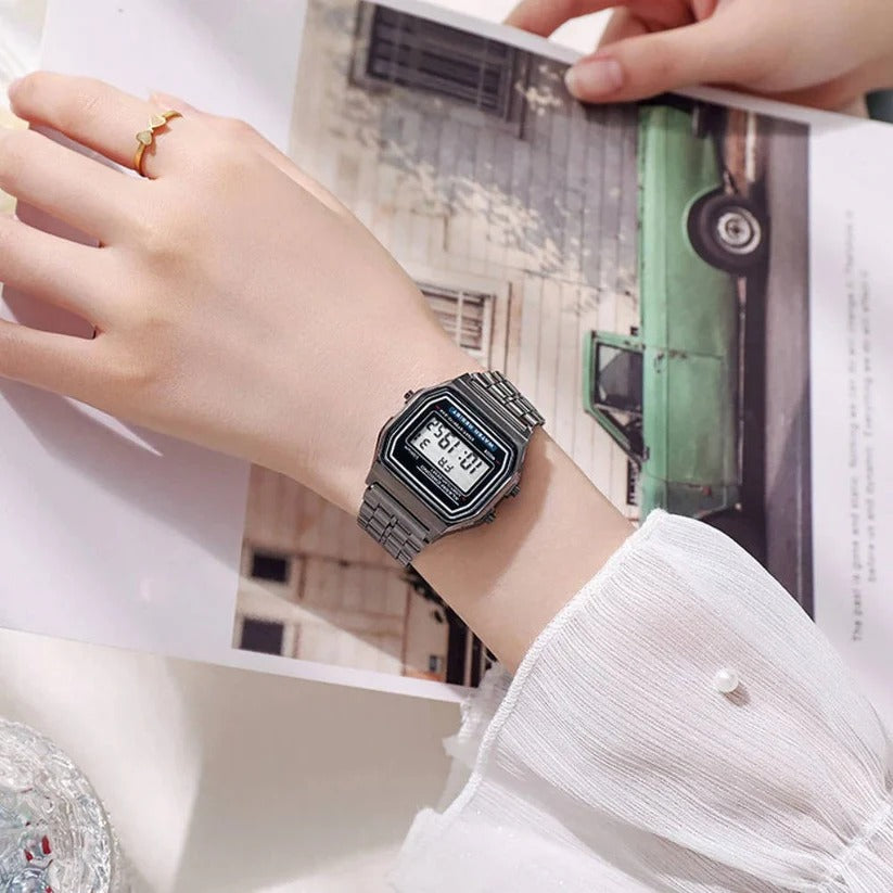 Klassische Unisex Digitale Uhr mit Edelstahlarmband und LED-Anzeige