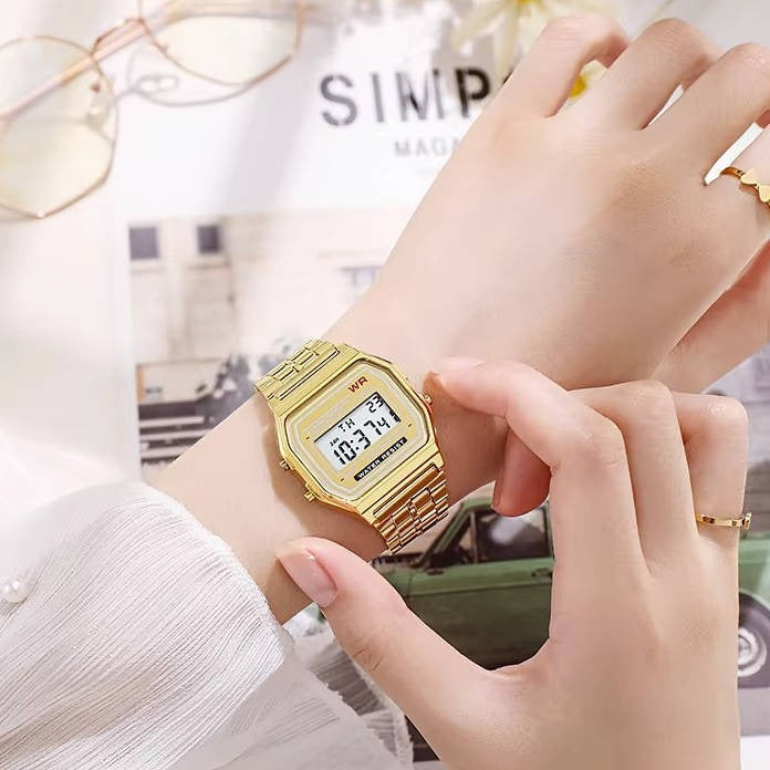 Klassische digitale Uhr im Vintage-Stil mit Edelstahlarmband und LED-Anzeige