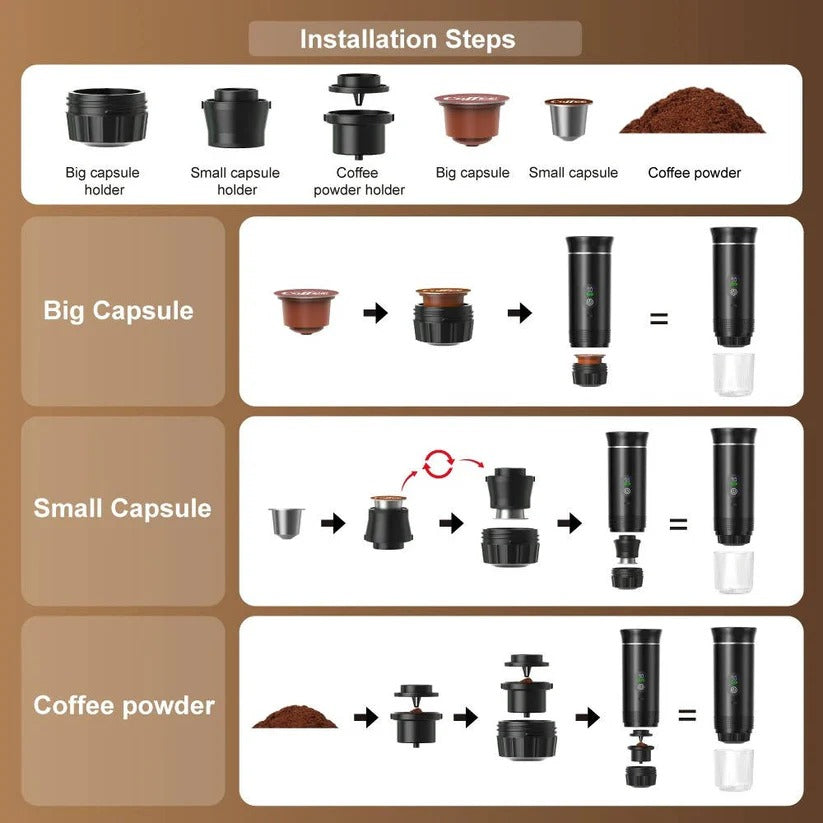 Tragbare 20 Bar Espressomaschine für Kapseln und gemahlenen Kaffee