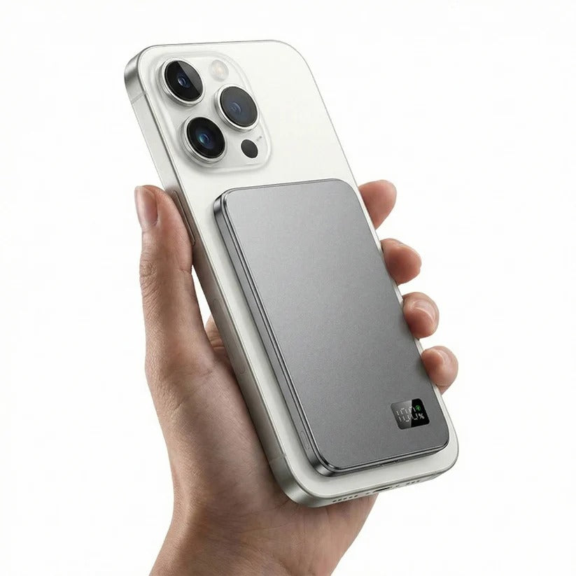 Tragbarer Aluminium-Ladeakku mit Magnet und schneller kabelloser Aufladung für iPhones