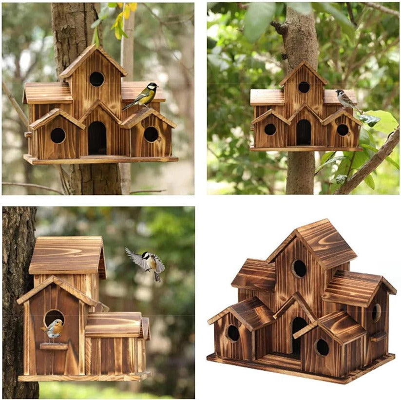 Elegantes Holzvogelhaus mit dekorativem Design für den Garten
