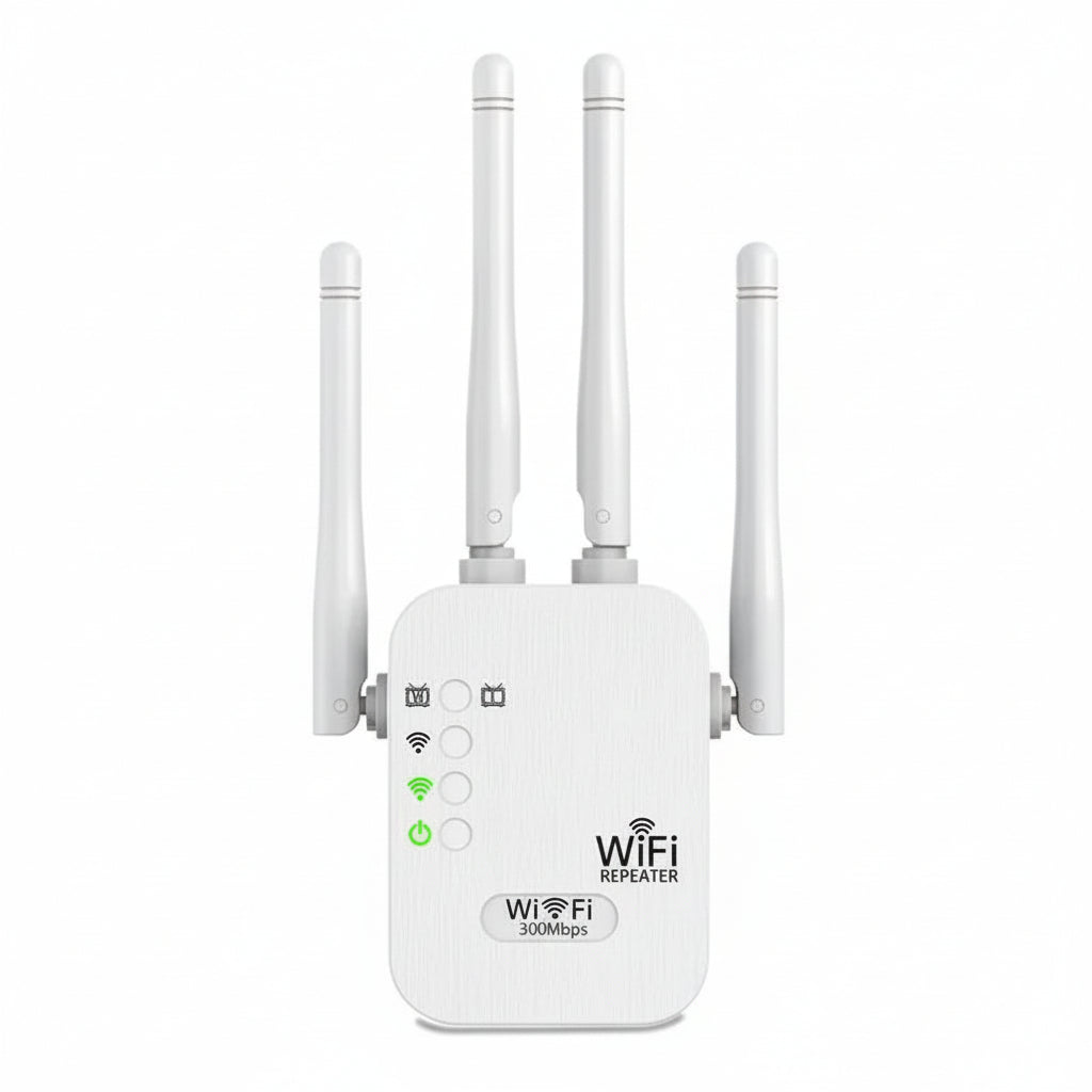 Dualband WLAN Verstärker mit 4 Antennen und Ethernet-Anschluss für optimierte Abdeckung im ganzen Haus