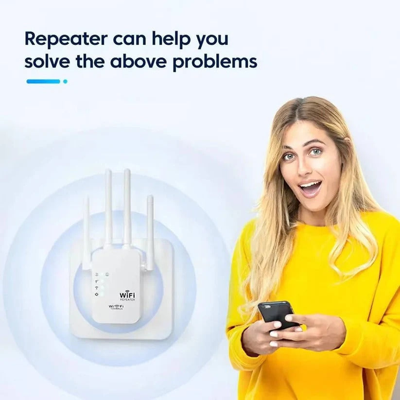 Dualband WLAN Verstärker mit 4 Antennen und Ethernet-Anschluss für optimierte Abdeckung im ganzen Haus