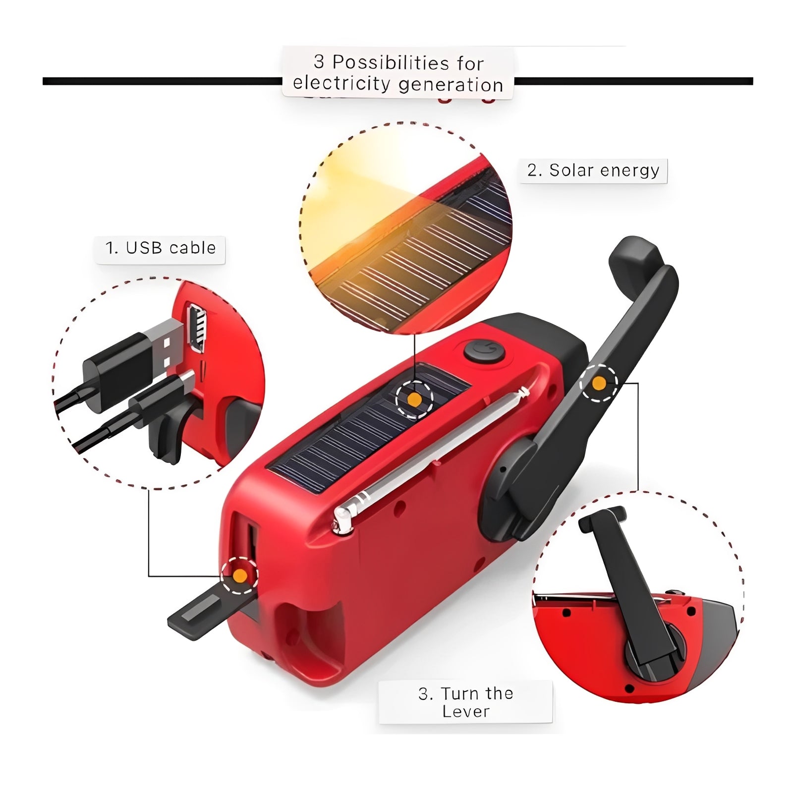 Notfallradio mit Handkurbel, LED-Taschenlampe und Powerbank
