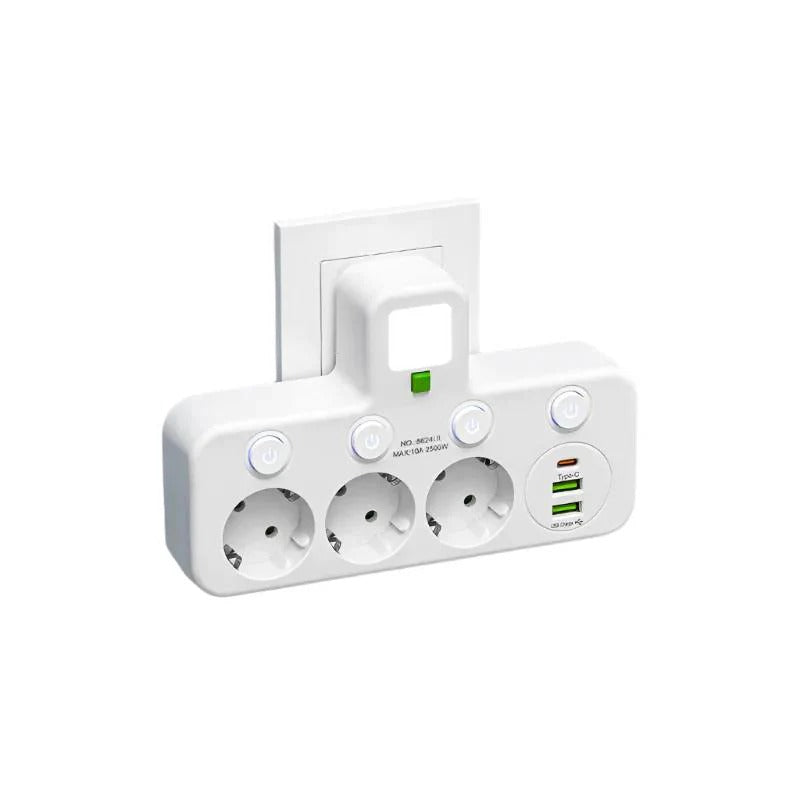 Intelligente Steckerleiste mit USB und USB-C Anschlüssen und 2500W Überspannungsschutz