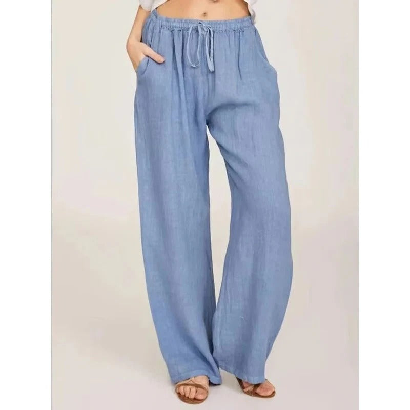 Bequeme Damen-Linenhose mit weitem Bein und elastischem Bund