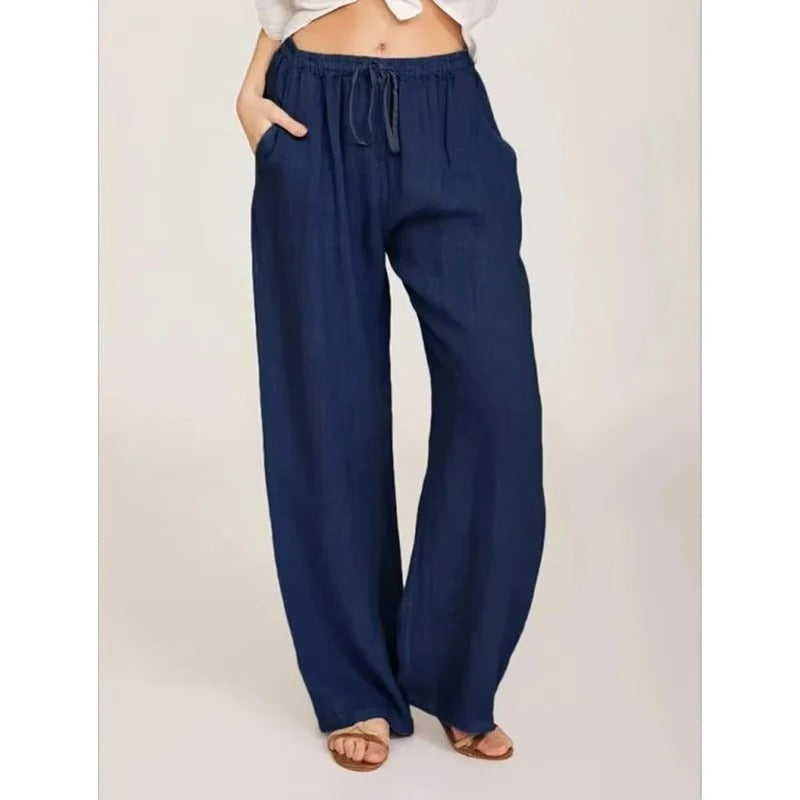 Bequeme Damen-Linenhose mit weitem Bein und elastischem Bund