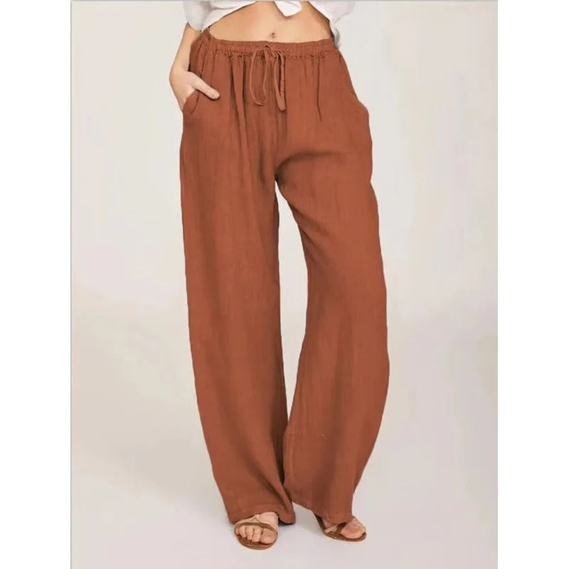 Bequeme Damen-Linenhose mit weitem Bein und elastischem Bund