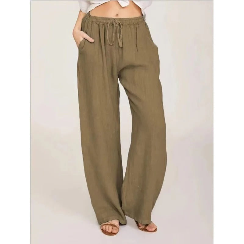 Bequeme Damen-Linenhose mit weitem Bein und elastischem Bund