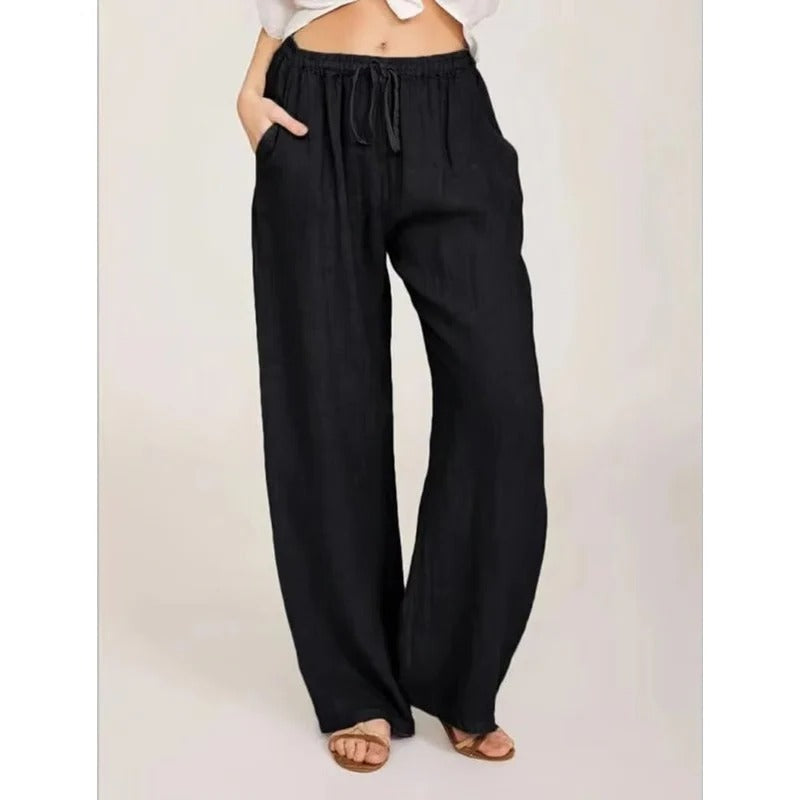 Bequeme Damen-Linenhose mit weitem Bein und elastischem Bund