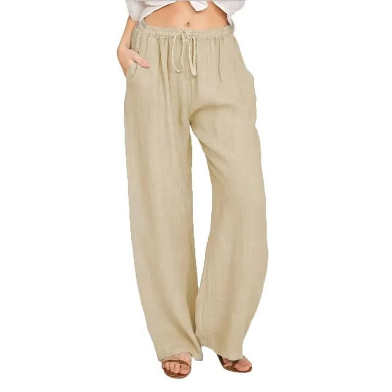 Bequeme Damen-Linenhose mit weitem Bein und elastischem Bund