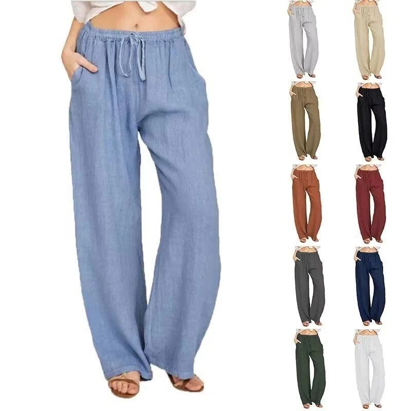Bequeme Damen-Linenhose mit weitem Bein und elastischem Bund