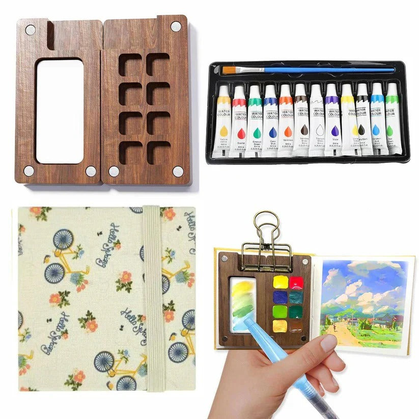 Kompaktes Aquarellset für Reisen mit Palette, Pinsel und Skizzenbuch