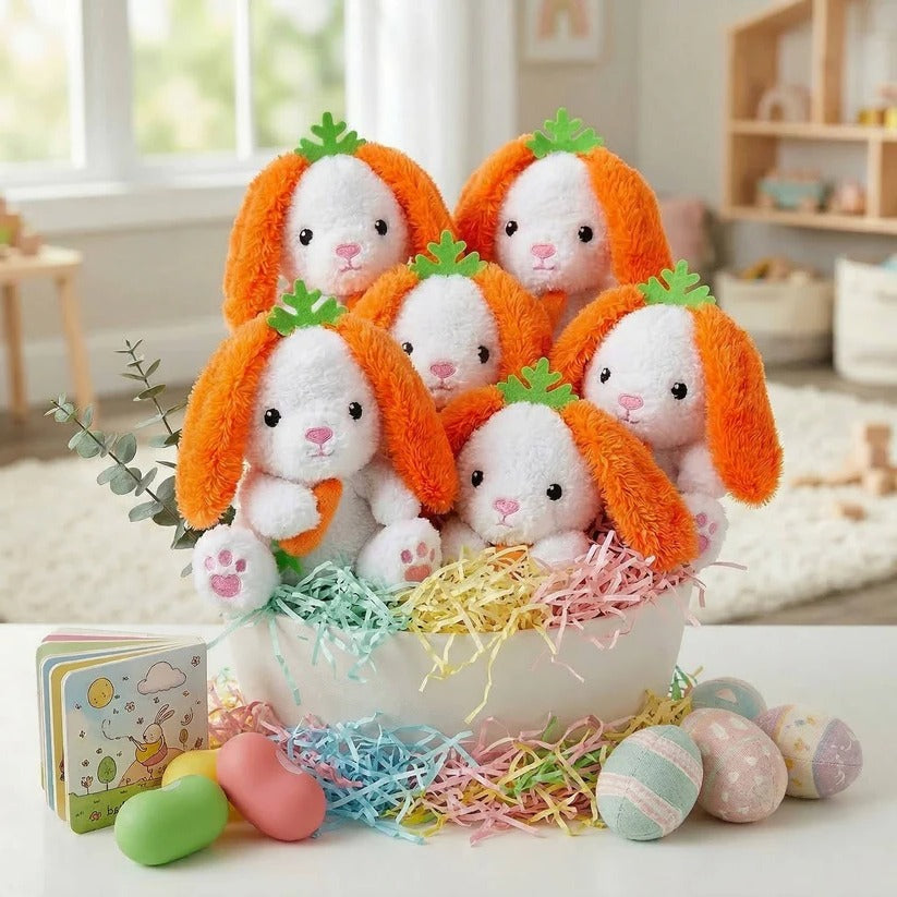 Niedliche Plüsch-Osterhasen mit Karottenohren – 6er Set für Geschenkkörbe