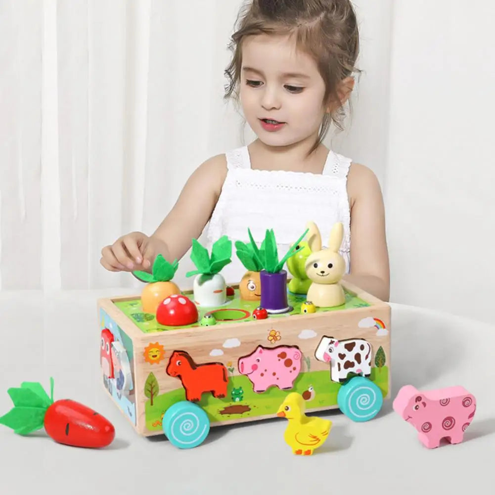 Bollerwagen mit Holz-Puzzle: Tiere und Gemüse für Kinder