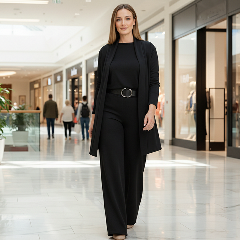 Dreiteiliges Lounge-Set für Damen: Cardigan, Top und Hose