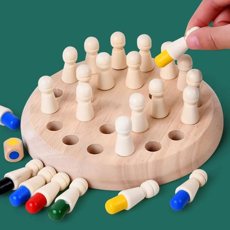 Farbenfrohes Holz-Memoryspiel mit Stecknadeln und Würfel – Ab 3 Jahren