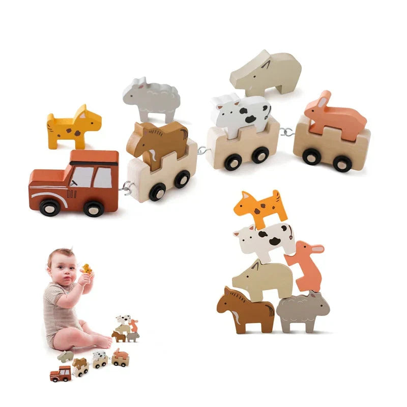 Holz-Tierzug für Kinder – Bauernhof-Spielzeug mit beweglichen Rädern