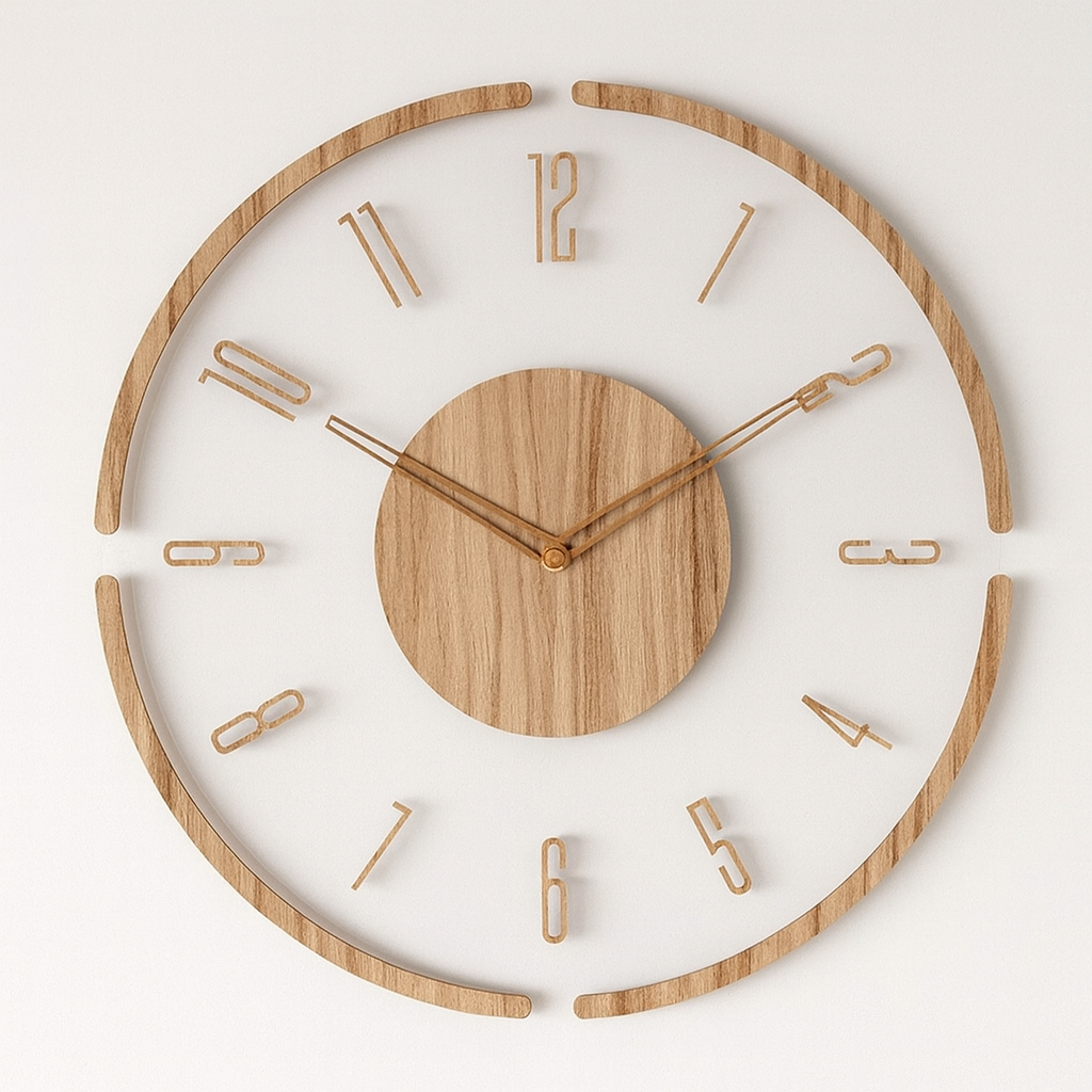 Wanduhren aus Glas im skandinavischen Design mit Holzoptik