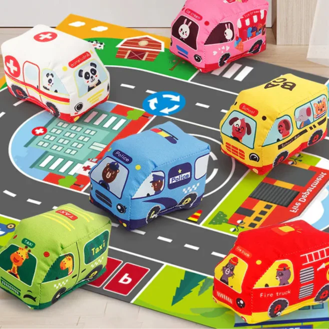 Spielmatte für Kinder mit Stoffautos – Cartoon-Abenteuer