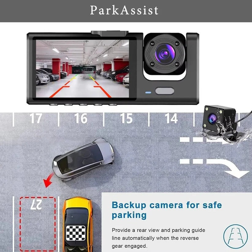Dreifach-Kamera Dashcam mit 2 Zoll Bildschirm und Parküberwachung