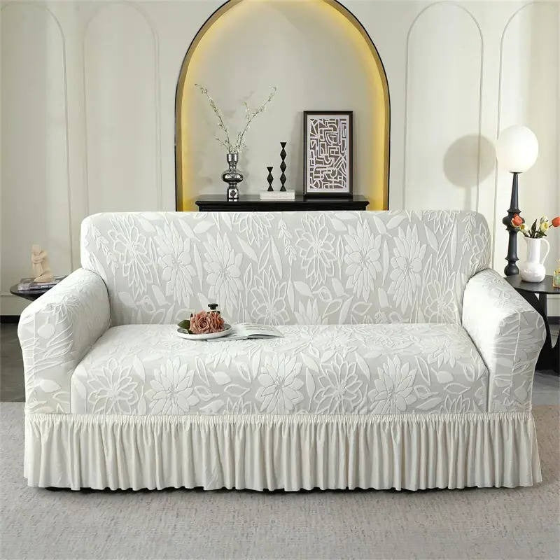 Elegante Sofahusse mit Sonnenblumen-Muster und langem Saum