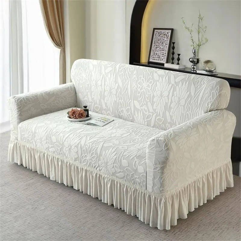 Elegante Sofahusse mit Sonnenblumen-Muster und langem Saum
