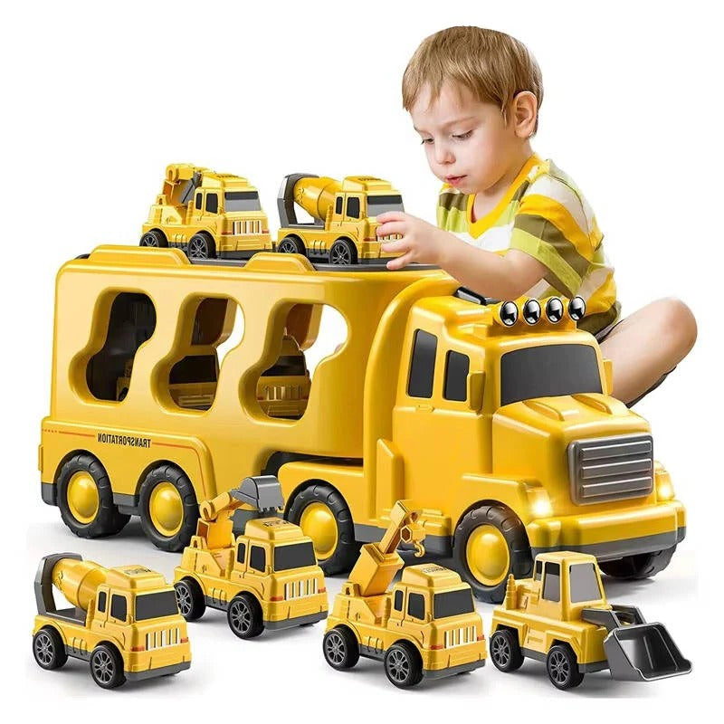 Baufahrzeug Set mit Transporter und Rampe – 5 Teile