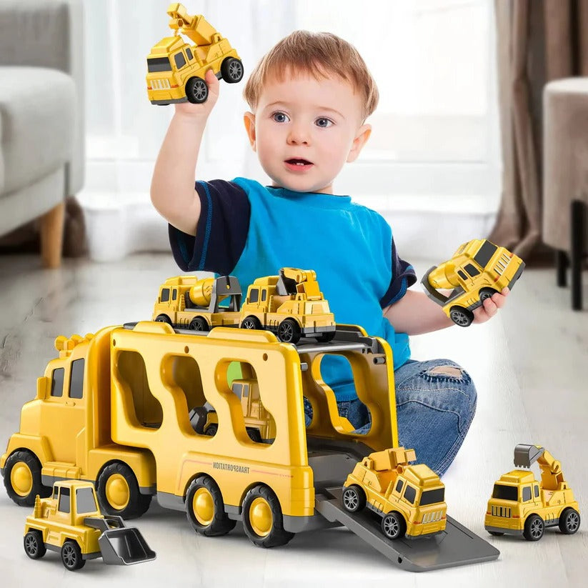 Baufahrzeug Set mit Transporter und Rampe – 5 Teile