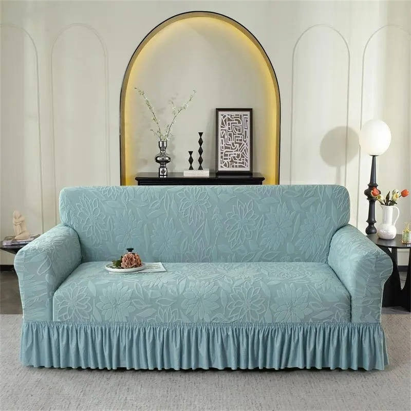 Elegante Sofahusse mit Sonnenblumen-Muster und langem Saum