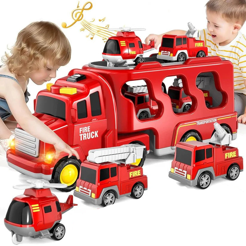 Feuerwehr-Spielzeugset mit Transporter und 4 Fahrzeugen