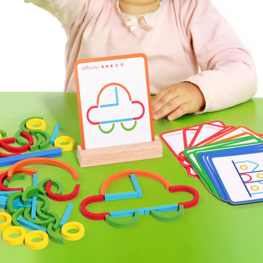 Kreatives Holzbau-Set mit Aufgaben-Karten für Kinder