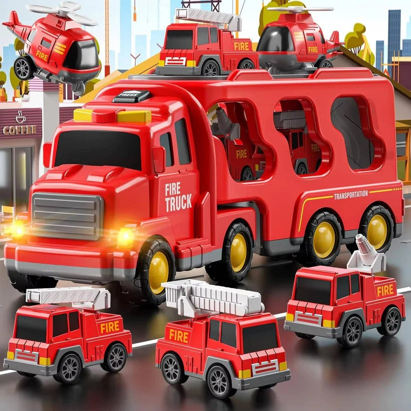 Feuerwehr-Spielzeugset mit Transporter und 4 Fahrzeugen