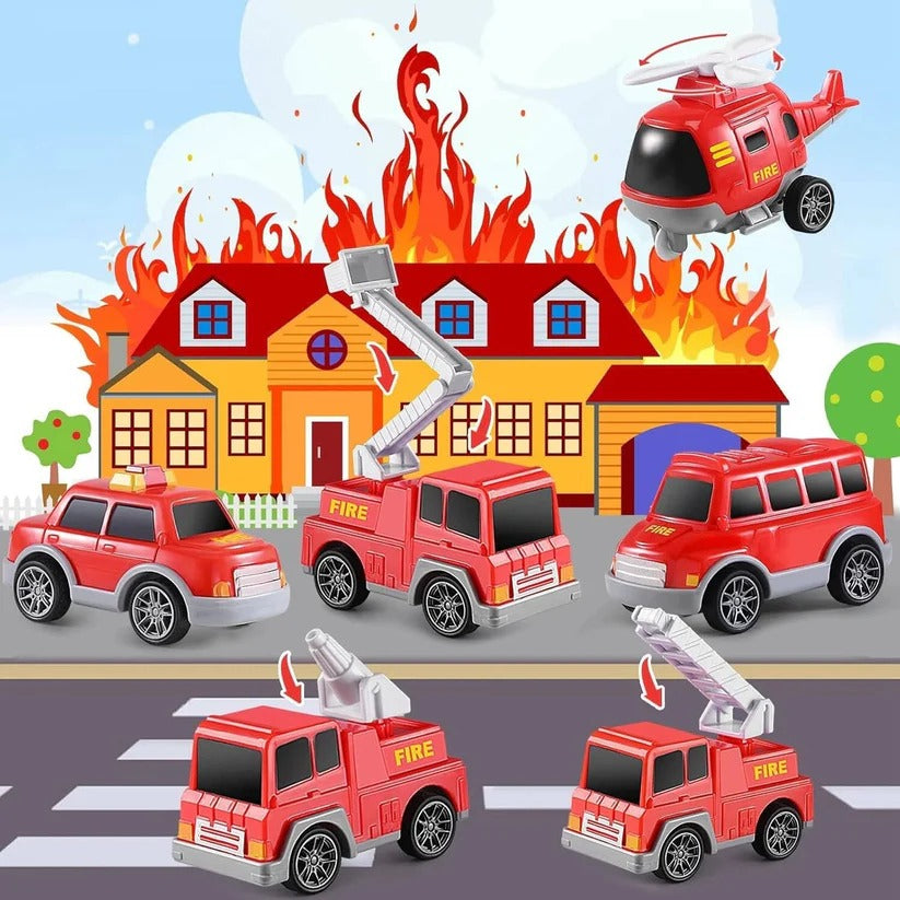 Feuerwehr-Spielzeugset mit Transporter und 4 Fahrzeugen
