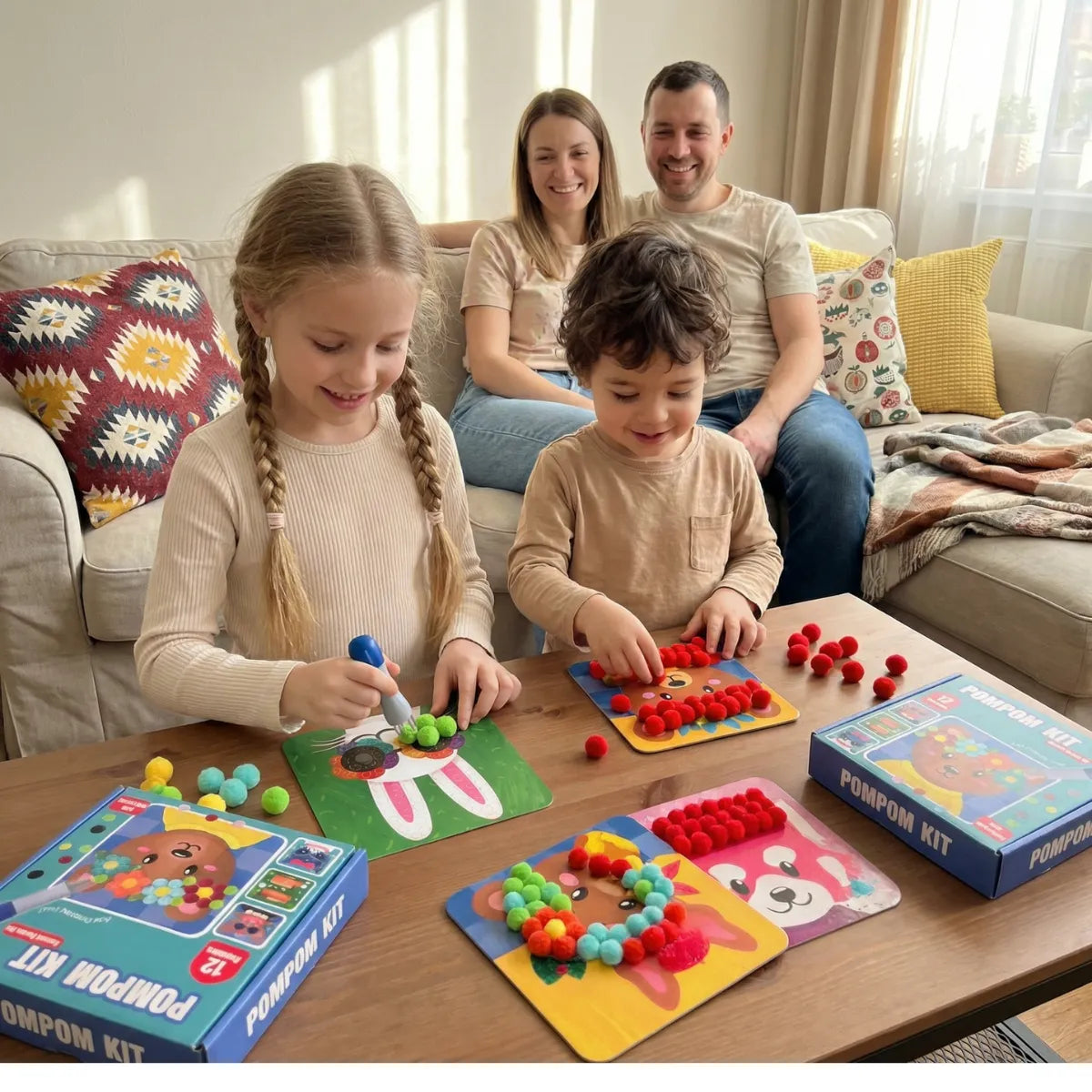 Kreatives Pompon Bastelset mit Tierkarten – Bildschirmfreies Spielen