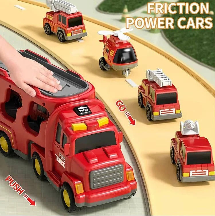 Feuerwehr-Spielzeugset mit Transporter und 4 Fahrzeugen