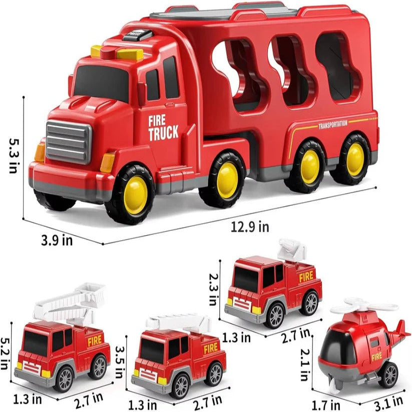 Feuerwehr-Spielzeugset mit Transporter und 4 Fahrzeugen