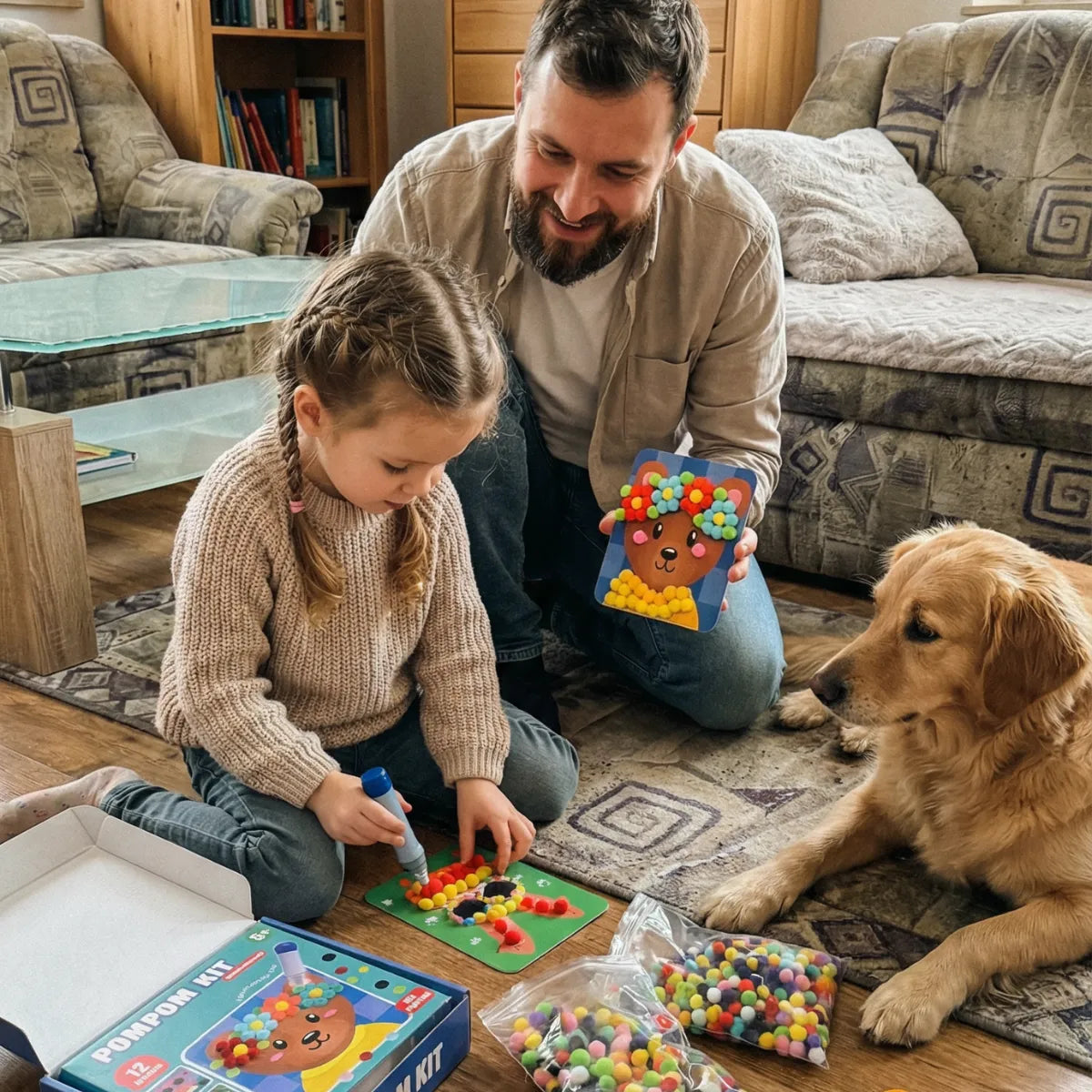 Kreatives Pompon Bastelset mit Tierkarten – Bildschirmfreies Spielen