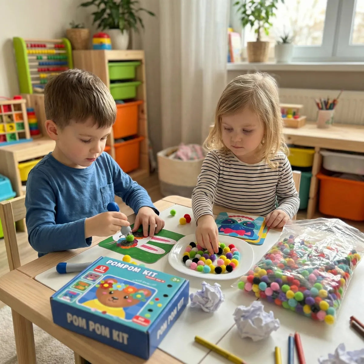 Kreatives Pompon Bastelset mit Tierkarten – Bildschirmfreies Spielen