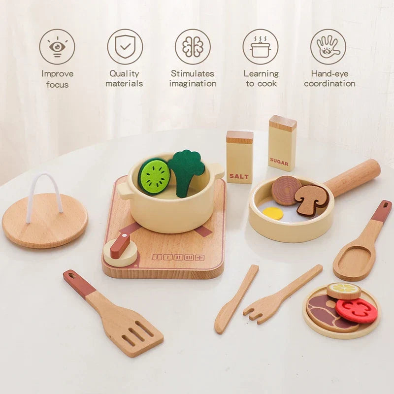 Spielküche für Kinder aus Holz – Mini-Kochset mit Pfanne, Zutaten und Zubehör
