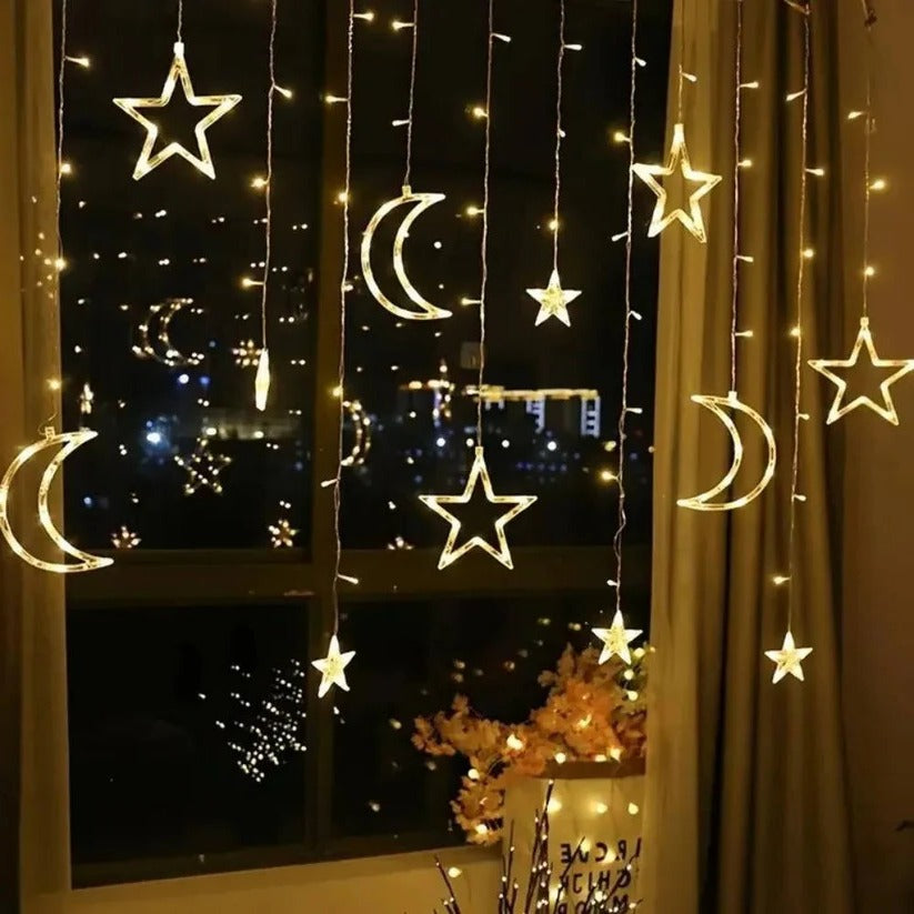 Magische Lichtervorhang mit Sternen und Monden, 350 cm