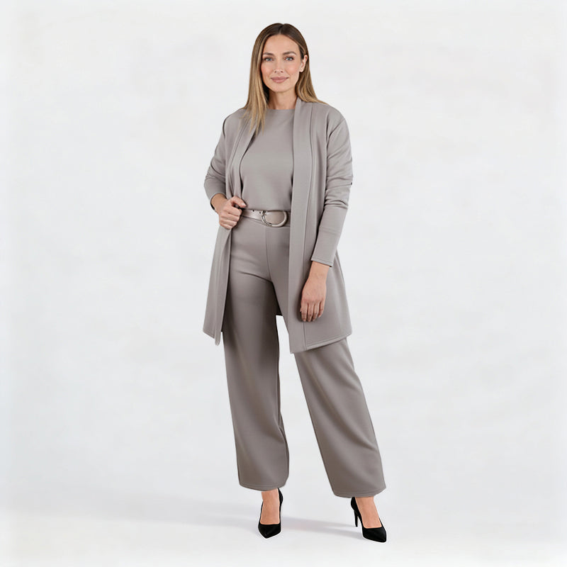 Dreiteiliges Lounge-Set für Damen: Cardigan, Top und Hose