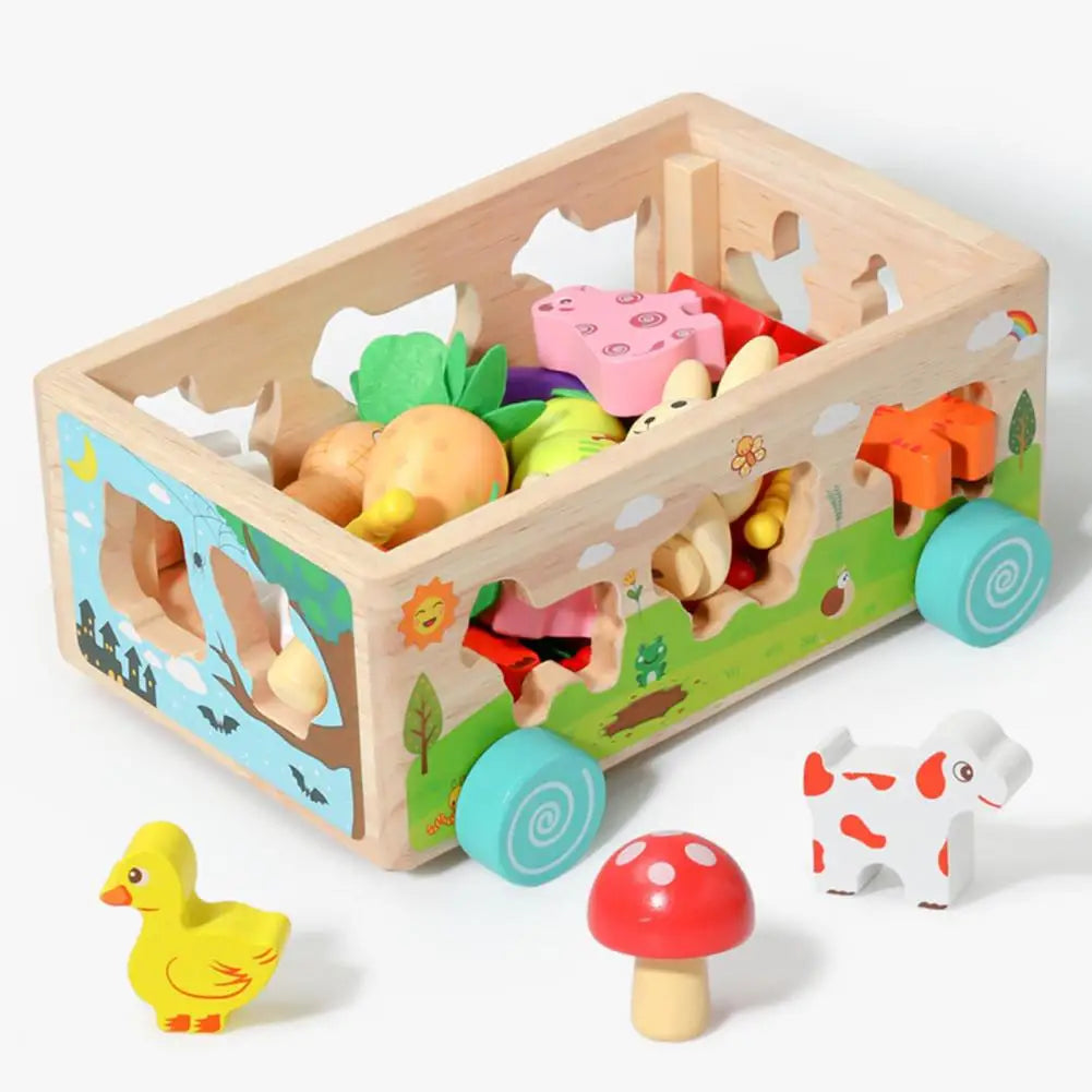 Bollerwagen mit Holz-Puzzle: Tiere und Gemüse für Kinder