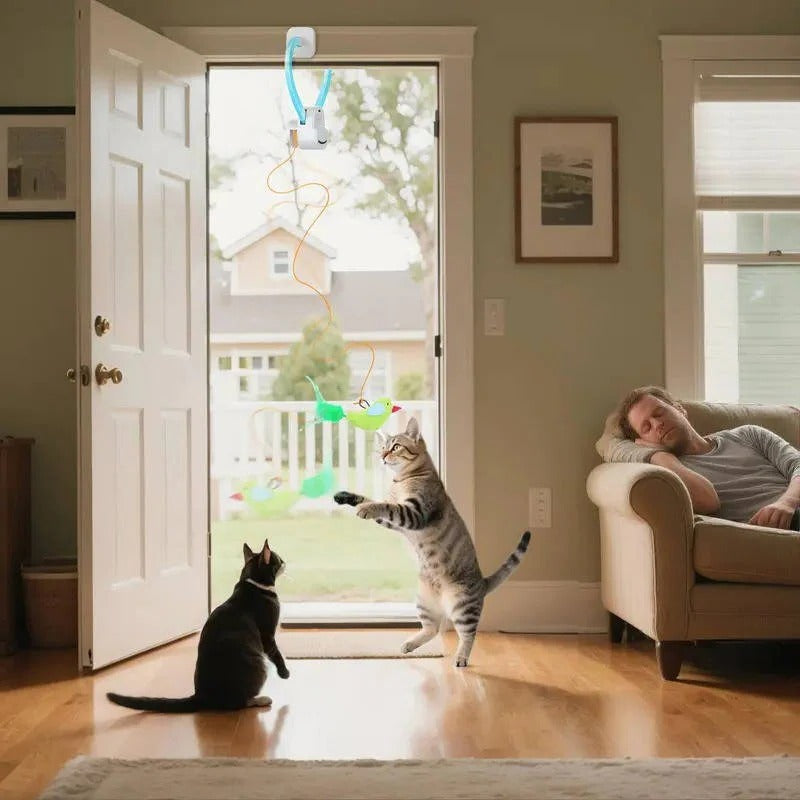 Automatisches Feder-Spielzeug für Katzen mit Clip-Halterung und Timer