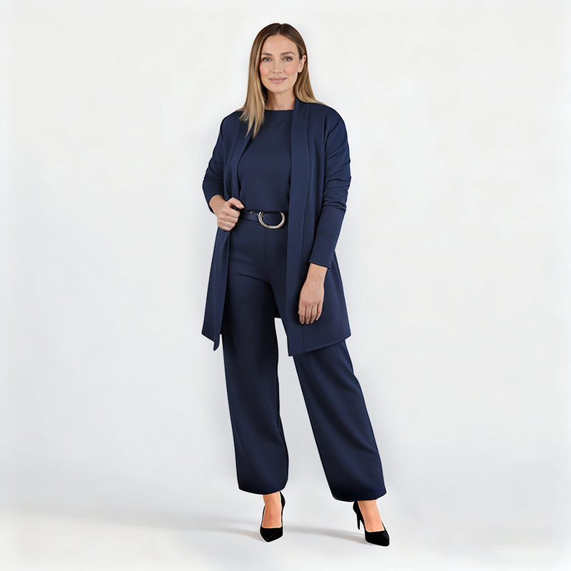 Dreiteiliges Lounge-Set für Damen: Cardigan, Top und Hose