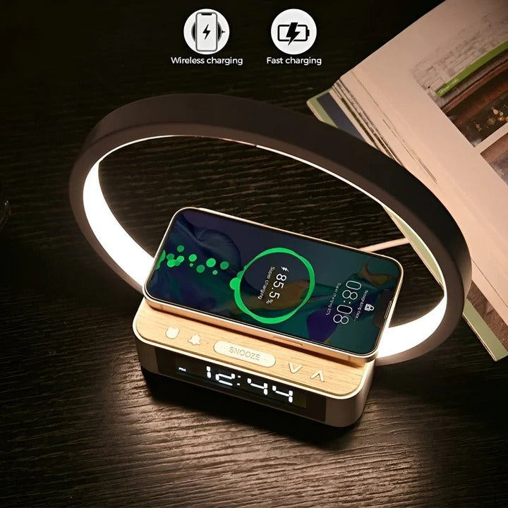 Multifunktionale Nachttischlampe mit kabellosem Laden und Digitaluhr